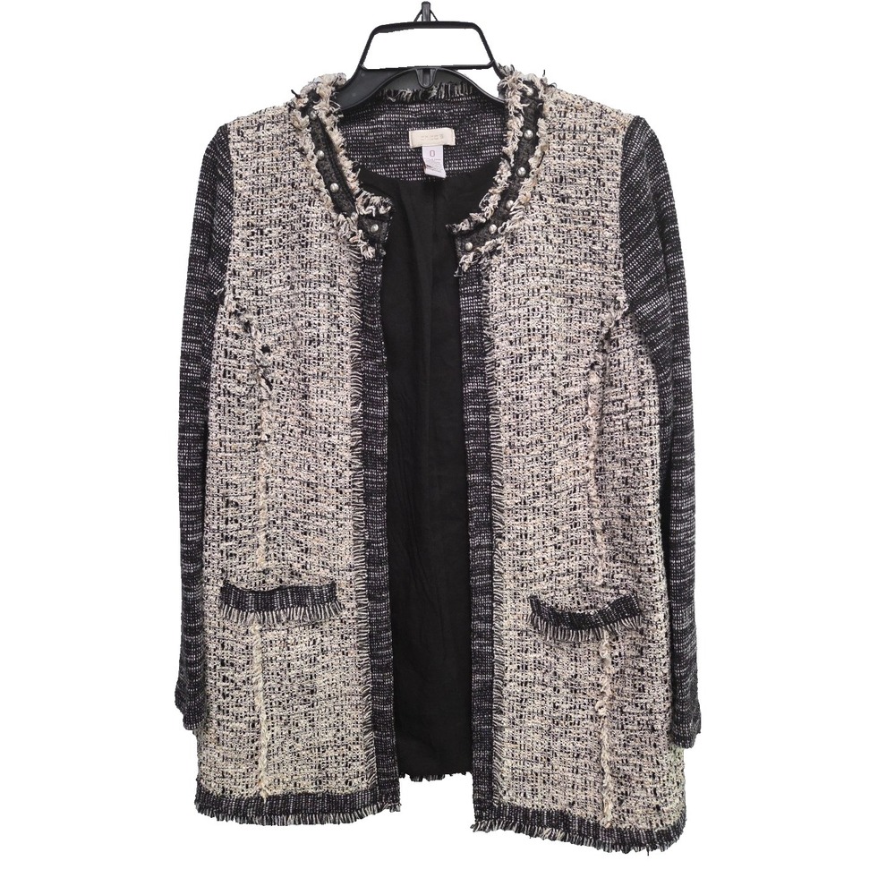Chico's Sweater Jacket‎ Size 1 (M) Black Ivory Tweed Fringe Stud Neutral Open